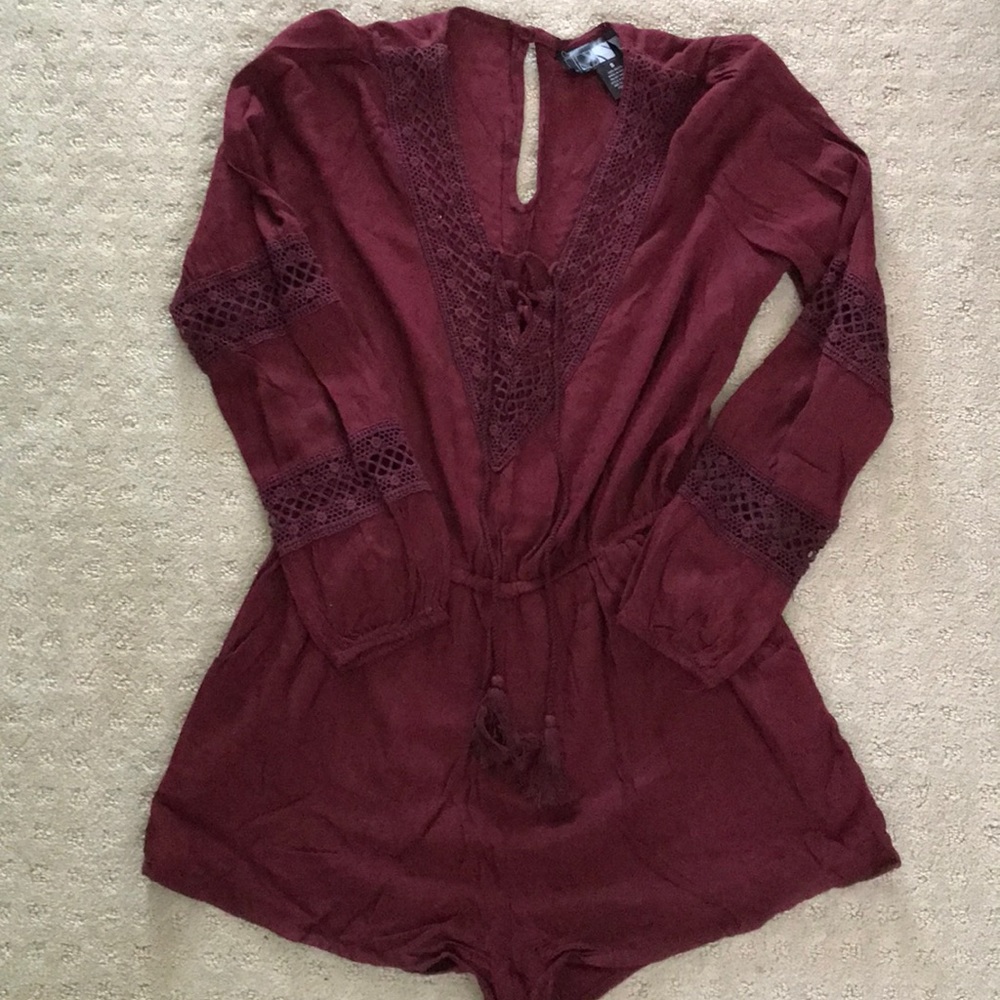 Burgundy Lace-Trim Romper